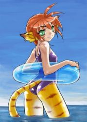 Rule 34 | 1girl, animal ears, breath of fire, breath of fire ii, cat ears, cat tail, dr.p, green eyes, innertube, lowres, one-piece swimsuit, orange hair, red hair, rinpoo chuan, solo, swim ring, swimsuit, tail