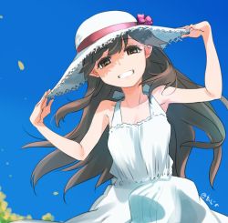Rule 34 | 10s, 1girl, ajino (sakanahen), alternate costume, arashio (kancolle), artist name, bare arms, bare shoulders, blue sky, bow, brown eyes, brown hair, commentary request, day, dress, grin, hands on headwear, hat, hat bow, holding, holding hat, kantai collection, long hair, looking at viewer, outdoors, sky, sleeveless, sleeveless dress, smile, solo, straw hat, sun hat, sundress, teeth, upper body, white dress