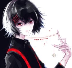Rule 34 | 10s, 1boy, androgynous, awara kayu, bell, black hair, black shirt, blood, commentary request, hair between eyes, hair ornament, hairclip, holding, looking at viewer, male focus, multicolored hair, red eyes, shirt, short hair, simple background, smile, solo, stitched face, stitches, string, suspenders, suzuya juuzou, tokyo ghoul, tokyo ghoul:re, tongue, tongue out, white background, white hair, x hair ornament