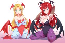Rule 34 | 2girls, ahoge, animal print, antenna hair, armpits, arms up, asia argento, bare shoulders, bat print, black eyes, blonde hair, blue eyes, blush, boots, breasts, bridal gauntlets, capcom, cleavage, cleavage cutout, clothing cutout, cosplay, covered navel, crossed arms, demon girl, embarrassed, female focus, green eyes, head wings, high school dxd, highres, huge ahoge, kneeling, large breasts, leotard, lilith aensland, lilith aensland (cosplay), long hair, looking at viewer, medium breasts, morrigan aensland, morrigan aensland (cosplay), multiple girls, naughty face, open mouth, pantyhose, print legwear, red hair, red leotard, rias gremory, shy, sitting, smile, strapless, touryou, vampire (game), wariza, wings