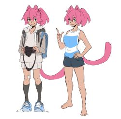 Rule 34 | 1girl, animal ears, azuumori, backpack, bag, barefoot, blue eyes, blue footwear, blue shirt, camera, cat ears, cat tail, closed mouth, fang, fang out, fingernails, grey hoodie, grey jacket, grey shorts, hand on own hip, hand up, highres, holding, holding camera, hood, hoodie, index finger raised, jacket, long sleeves, looking at viewer, medium hair, multiple views, nail polish, open clothes, open jacket, original, pink hair, pink nails, ponytail, shirt, shoes, shorts, sketch, skin fang, smile, tail