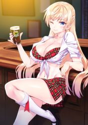 Rule 34 | 1girl, ;), alcohol, bar (place), beer, bikini, bikini top only, black footwear, blonde hair, blue eyes, blush, breasts, cleavage, closed mouth, collarbone, collared shirt, cup, drawing (object), drinking glass, foam, front-tie top, head tilt, high heels, highres, holding, holding cup, holding drinking glass, indoors, kneehighs, large breasts, leaning, light, looking at viewer, matsuryuu, mattress, mayuri mariani, nail polish, navel, one eye closed, open clothes, open shirt, original, picture frame, pink nails, plaid, plaid bikini, plaid skirt, red bikini, red skirt, shirt, shoes, short sleeves, skirt, smile, socks, solo, standing, standing on one leg, stomach, swimsuit, tied shirt, white socks, wing collar
