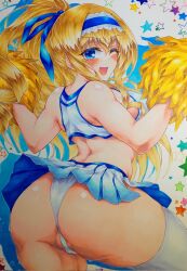 Rule 34 | 1girl, alternate hairstyle, ass, blonde hair, blue eyes, bow, breasts, cecilia alcott, cheerleader, from behind, hair bow, highres, huge ass, infinite stratos, large breasts, legs, long hair, looking at viewer, looking back, one eye closed, open mouth, panties, pom pom (cheerleading), ponytail, sideboob, skirt, smile, solo, thick thighs, thighs, thong, traditional media, underwear, white panties, wink