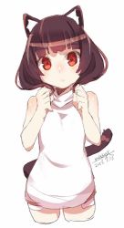 Rule 34 | 1girl, animal ears, bare arms, bare shoulders, blush, brown hair, cat ears, cat girl, cat tail, closed mouth, cropped legs, dated, dress, hands up, head tilt, long hair, looking at viewer, maze (gochama ze gohan), original, red eyes, short dress, signature, simple background, sketch, sleeveless, sleeveless dress, solo, standing, tail, white background, white dress