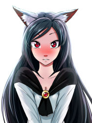 Rule 34 | 1girl, animal ears, backlighting, black hair, blush, breasts, brooch, cleavage, commentary request, confession, embarrassed, imaizumi kagerou, jewelry, looking at viewer, nose blush, parted lips, red eyes, simple background, solo, sweatdrop, tenamaru, touhou, upper body, white background, wolf ears