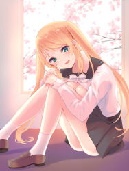 Rule 34 | 1girl, ass, black skirt, blonde hair, blush, branch, breast press, breasts, breasts out, brown footwear, collared shirt, commentary request, flower, green eyes, gucchiann, highres, hugging own legs, indie virtual youtuber, knees up, loafers, long hair, medium breasts, nakishaku yogaru, open mouth, pink flower, pleated skirt, school uniform, shirt, shoes, skirt, smile, socks, solo, twintails, very long hair, virtual youtuber, white shirt, white socks
