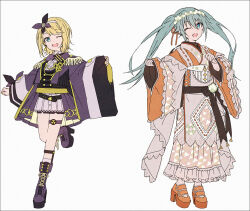 Rule 34 | 2girls, ;d, blonde hair, blue eyes, boots, commentary request, green hair, grey background, hair between eyes, hair ribbon, hairband, hakusai (tiahszld), hatsune miku, high heel boots, high heels, japanese clothes, kagamine rin, kimono, long hair, long sleeves, more more jump! miku, more more jump! rin, multiple girls, one eye closed, open mouth, orange footwear, orange kimono, orange ribbon, pinching sleeves, project sekai, purple footwear, purple kimono, ribbon, ribbon trim, shoes, short kimono, simple background, sleeves past wrists, smile, standing, standing on one leg, tsunagu painful hope (project sekai), twintails, very long hair, vocaloid, white hairband, wide sleeves