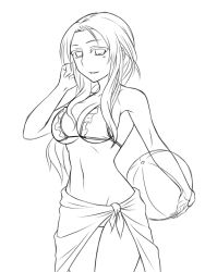 Rule 34 | 1girl, ball, bare shoulders, beachball, bikini, bikini top only, breasts, cleavage, collarbone, duel monster, female focus, groin, hand in own hair, holding, light smile, long hair, long image, looking at viewer, monochrome, navel, parted lips, pataneet, ritua natalia, sarong, simple background, solo, standing, swimsuit, swimsuit under clothes, tall image, thighs, white background, yu-gi-oh!, yu-gi-oh! duel monsters