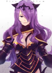 Rule 34 | 1girl, bad id, bad pixiv id, breasts, camilla (fire emblem), cleavage, fire emblem, fire emblem fates, hair over one eye, highres, long hair, looking at viewer, nintendo, pasu, purple hair, red eyes, smile, solo