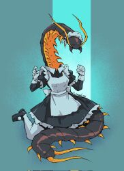 Rule 34 | 1girl, antennae, apron, arthropod girl, artist name, back bow, black dress, black footwear, blue background, bow, bug, centipede, centipede girl, collared dress, commentary, corrupted twitter file, dress, english commentary, frilled dress, frills, full body, gloves, hands up, juliet sleeves, long sleeves, maid, maid apron, maid headdress, mary janes, monster girl, onegrumpylumpy, original, oversized insect, pantyhose, puffy sleeves, shoes, signature, simple background, sitting, sleeve cuffs, solo, w arms, wariza, white apron, white bow, white gloves, white pantyhose, wing collar