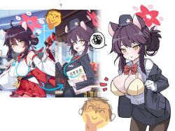 Rule 34 | 1girl, animal ears, ayagi daifuku, blue archive, bow, bowtie, bra, breasts, doodle sensei (blue archive), emoji, extra ears, game screenshot inset, gloves, guide, halo, highres, kaede (blue archive), kaede (guide) (blue archive), large breasts, official alternate costume, open clothes, oppai loli, raccoon ears, raccoon girl, red bow, red bowtie, red halo, red sailor collar, sailor collar, sensei (blue archive), sideboob, sideless outfit, thinking emoji, tour guide, underwear, walkie-talkie, white gloves, yellow bra