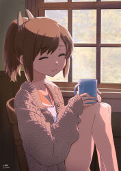 Rule 34 | 1girl, aka ringo, brown cardigan, brown hair, cardigan, chair, character name, closed eyes, commentary request, copyright name, cup, hair ornament, hairclip, highres, i-401 (kancolle), kantai collection, mug, orange sailor collar, ponytail, sailor collar, short hair, sitting, smile, solo, swept bangs, upper body, window