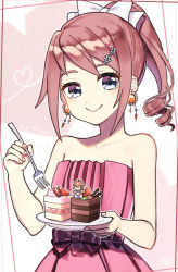 Rule 34 | 1girl, blue eyes, bow, c:, cake, closed mouth, collarbone, dress, drill hair, flat chest, food, fork, hair bow, heart, high ponytail, highres, holding, holding fork, holding plate, long hair, looking at viewer, pink dress, pink hair, pink theme, plate, sara (tales), sleeveless, sleeveless dress, smile, solo, standing, strapless, strapless dress, swept bangs, tales of (series), tales of link, usatarou (annke-to), white bow