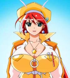 Rule 34 | 00s, 1girl, belt, breasts, cleavage, earrings, female focus, glasses, green eyes, hat, huge breasts, indoors, jacket, jewelry, lipstick, long hair, magical teacher komachi, makeup, necklace, nurse witch komugi-chan, red hair, red lips, smile, solo, star (symbol), star earrings, star necklace, teacher, upper body