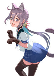 Rule 34 | 1girl, akebono (kancolle), akebono kai ni (kancolle), bell, black thighhighs, blue skirt, blush, brown gloves, cat girl, fang, flower, gloves, green sailor collar, hair bell, hair between eyes, hair flower, hair ornament, highres, jingle bell, kantai collection, long hair, open mouth, pink flower, pleated skirt, porupurucha, purple eyes, purple hair, sailor collar, school uniform, serafuku, short sleeves, side ponytail, simple background, skirt, solo, thighhighs, white background