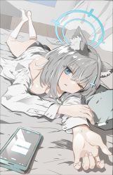 Rule 34 | 1girl, absurdres, animal ear fluff, animal ears, ass, bad id, bad pixiv id, bare shoulders, bed sheet, black panties, blue archive, blue eyes, breasts, breasts out, cat ears, cellphone, cleavage, feet up, foreshortening, grey hair, grey shirt, halo, highres, kneehighs, long hair, long sleeves, lying, medium breasts, no bra, off shoulder, on bed, on stomach, one eye closed, open clothes, open shirt, panties, parted lips, phone, pillow, ryoma (rym 369), shiroko (blue archive), shirt, smartphone, socks, solo, underwear, white socks