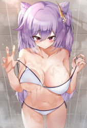 Rule 34 | 1girl, absurdres, against glass, areola slip, bad id, bad pixiv id, bikini, blush, breast press, breasts, breasts on glass, cleavage, collarbone, commentary, genshin impact, gr greeze, hair between eyes, hair horns, hair ornament, highres, keqing (genshin impact), large breasts, long hair, navel, parted lips, purple eyes, purple hair, shower (place), side-tie bikini bottom, solo, standing, steam, swimsuit, thigh gap, tile wall, tiles, water drop, wet, white bikini