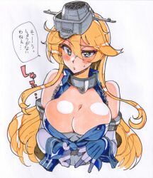 Rule 34 | 1girl, blonde hair, blue eyes, blush, breasts, cleavage, cropped torso, elbow gloves, gloves, hair between eyes, headgear, iowa (kancolle), kantai collection, kusanagi tonbo, large breasts, long hair, looking at viewer, open mouth, solo, star-shaped pupils, star (symbol), symbol-shaped pupils, traditional media, translated
