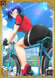 Rule 34 | 1girl, ass, bicycle, bike jersey, bike shorts, black gloves, black shorts, blue hair, blue sky, blunt bangs, card (medium), closed mouth, day, eyepatch, fingerless gloves, gloves, green eyes, ikkitousen, jacket, lens flare, looking at viewer, looking back, official art, outdoors, red footwear, red jacket, ryomou shimei, short hair, short sleeves, shorts, sky, smile, solo, sunlight