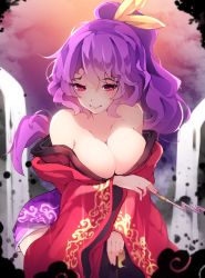 Rule 34 | 1girl, arm under breasts, bare shoulders, breasts, chiroru (cheese-roll), cleavage, cowboy shot, folding fan, hair in own mouth, hair ribbon, hand fan, highres, holding, holding fan, holding smoking pipe, japanese clothes, kimono, kiseru, komakusa sannyo, large breasts, long hair, long sleeves, looking at viewer, off shoulder, outdoors, ponytail, purple hair, purple skirt, red eyes, red kimono, ribbon, skirt, smoking pipe, solo, touhou, water, waterfall, wide sleeves, yellow ribbon