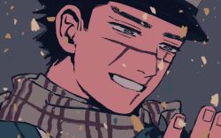 Rule 34 | 1boy, black eyes, black hair, facial scar, golden kamuy, hat, he lsinki, looking at hand, military, military hat, open mouth, portrait, scar, scar on cheek, scar on face, scarf, sugimoto saichi