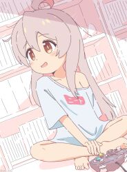 Rule 34 | 1girl, ahoge, ama (ama ekaku), barefoot, blue shirt, blush stickers, bookshelf, brown eyes, commentary, controller, dot nose, foot out of frame, game controller, genderswap, genderswap (mtf), highres, indian style, indoors, long hair, looking to the side, male-female symbol, off shoulder, on floor, onii-chan wa oshimai!, open mouth, oyama mahiro, pink hair, shirt, short sleeves, single bare shoulder, sitting, smile, solo, sunlight, t-shirt