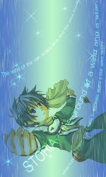 Rule 34 | 1boy, text background, blue background, blue eyes, blue hair, english text, falling, green jacket, green legwear, jacket, kidani, kidani mami, letter, letters, lineup, long sleeves, lowres, male focus, matching hair/eyes, multicolored background, original, outstretched arms, scarf, solo, spread arms, star (symbol), text focus, wind