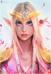 Rule 34 | 1girl, blonde hair, blue eyes, forehead jewel, lips, long hair, nintendo, nose, petals, pointy ears, portrait, princess zelda, revision, ross tran, solo, tattoo, the legend of zelda, thick eyebrows, tiara, triforce