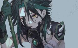 Rule 34 | 1boy, armor, black gloves, black hair, commentary request, crystal, detached sleeves, eyeliner, eyes visible through hair, eyeshadow, genshin impact, gloves, green gloves, green hair, grey background, grey shirt, hair between eyes, hand on own face, hands up, highres, holding, holding weapon, jewelry, long sleeves, looking at viewer, makeup, male focus, mandarin collar, multicolored hair, necklace, open mouth, pearl necklace, red eyeliner, red eyeshadow, shirt, short hair, shoulder armor, simple background, single detached sleeve, sleeveless, sleeveless shirt, solo, sweat, sweatdrop, tassel, teeth, tongue, two-tone hair, upper body, vision (genshin impact), weapon, wide sleeves, xiao (genshin impact), yellow eyes, zaso