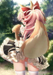 Rule 34 | 1girl, :d, animal ears, animal hands, anus, anus peek, apron, ass, bow, cleft of venus, fang, fate/grand order, fate (series), forest, fox ears, fox tail, from behind, gloves, hair bow, haneru, highres, leaning forward, long hair, looking back, maid, nature, no panties, open mouth, paw gloves, pink hair, presenting, puffy sleeves, pussy, pussy juice, red bow, skindentation, smile, solo, standing, tail, tamamo (fate), tamamo cat (fate), tamamo cat (second ascension) (fate), tamamo no mae (fate/extra), thighhighs, tree, uncensored, white thighhighs, yellow eyes, zettai ryouiki