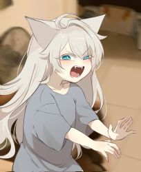 Rule 34 | 1girl, ahoge, animal ears, aoirnn, blue eyes, blurry, blurry background, blush, cat ears, cat girl, electric fan, eyes visible through hair, fangs, grey hair, hair between eyes, highres, long hair, looking at viewer, mole, open mouth, original, photo-referenced, solo, tongue
