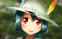 Rule 34 | 10s, 1girl, alternate eye color, blue hair, blurry, blurry background, commentary request, eyebrows visible through hat, hair between eyes, hat, hat feather, kaban (kemono friends), kemono friends, looking at viewer, parted lips, portrait, red eyes, short hair, signature, smile, solo, welt (kinsei koutenkyoku), white hat