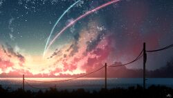 Rule 34 | chinese commentary, cloud, commentary request, gradient sky, highres, horizon, night, night sky, no humans, ocean, original, outdoors, power lines, rune xiao, scenery, signature, sky, star (sky), starry sky, still life, utility pole