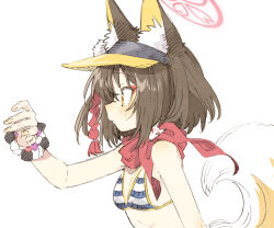 Rule 34 | 1girl, abara heiki, animal ear fluff, animal ears, bikini, blue archive, breasts, brown hair, closed mouth, commentary, fox ears, fox girl, fox tail, halo, izuna (blue archive), izuna (swimsuit) (blue archive), official alternate costume, profile, red halo, red scarf, scarf, scrunchie, short hair, simple background, small breasts, solo, striped bikini, striped clothes, swimsuit, tail, visor cap, white background, wrist scrunchie