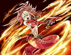 Rule 34 | 1girl, absurdres, blue eyes, echidna (p&amp;d), fire, highres, knife, lamia, monster girl, open mouth, ponytail, puzzle &amp; dragons, solo