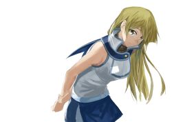 Rule 34 | 1girl, arms behind back, blonde hair, blue skirt, breasts, closed mouth, duel academy uniform (yu-gi-oh! gx), large breasts, leaning forward, long hair, miniskirt, parted bangs, rourou ill, shirt, simple background, skirt, sleeveless, sleeveless shirt, smile, solo, standing, tenjouin asuka, very long hair, white background, white shirt, yellow eyes, yu-gi-oh!, yu-gi-oh! gx