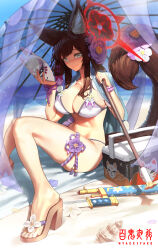 Rule 34 | 1girl, absurdres, animal ear fluff, animal ears, arisaka, axoo, beach, bead bracelet, beads, bikini, blue archive, blunt bangs, blush, bolt action, bracelet, breasts, brown hair, cleavage, cooler, day, flower, fox ears, fox girl, fox mask, fox tail, gun, hair flower, hair ornament, halo, high heels, highres, holding, holding mask, holding umbrella, jewelry, large breasts, large tail, legs, looking at viewer, mask, navel, oil-paper umbrella, outdoors, revision, rifle, sandals, shoe flower, sitting, smile, solo, string bikini, swimsuit, sword, tail, tail flower, tail ornament, thigh strap, umbrella, wakamo (blue archive), wakamo (swimsuit) (blue archive), weapon, white bikini, yellow eyes