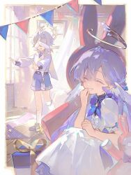 Rule 34 | 1boy, 1girl, aged down, belt, black footwear, blue shorts, bow, bowtie, child, closed eyes, colored eyelashes, covering own eyes, curtains, decorations, dress, feathered wings, gift, giggling, halo, hand on own face, happy, head wings, hide and seek, hiding, highres, honkai: star rail, honkai (series), laughing, long hair, long sleeves, outstretched arms, picture frame, playing, puffy short sleeves, puffy sleeves, renjian shilian, robin (honkai: star rail), searching, shirt, short sleeves, shorts, siblings, sitting, socks, spread arms, stuffed animal, stuffed rabbit, stuffed toy, sunday (honkai: star rail), sweatdrop, white dress, white hair, white shirt, white socks, window, wings