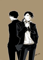 Rule 34 | 2boys, artist name, back-to-back, back turned, belt, black eyes, black hair, formal, fullmetal alchemist, grey background, greyscale, greyscale with colored background, grin, hand in pocket, ling yao, long hair, looking at viewer, looking away, male focus, monochrome, multiple boys, necktie, pants, ponytail, roy mustang, shaded face, shirt, short hair, simple background, smile, suit, white shirt