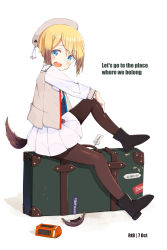 Rule 34 | 1girl, absurdres, ankle boots, beret, black footwear, black pantyhose, blonde hair, blue eyes, boots, casual, character name, dated, dog tail, english text, erica hartmann, from side, g35961665, grey vest, hand on own knee, hat, highres, knee up, long sleeves, looking at viewer, miniskirt, open mouth, pantyhose, pleated skirt, shirt, short hair, simple background, sitting, skirt, smile, solo, strike witches, suitcase, tail, vest, white background, white hat, white shirt, white skirt, world witches series