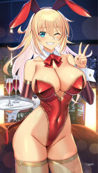 Rule 34 | 1girl, alcohol, aqua eyes, bare shoulders, blonde hair, blush, bow, bowtie, breasts, cleavage, clenched teeth, collarbone, covered navel, cup, drinking glass, fingernails, fishnet thighhighs, fishnets, hair between eyes, highres, holding, indoors, large breasts, leotard, long hair, looking at viewer, nail polish, night, night sky, one eye closed, original, pink nails, playboy bunny, red bow, red bowtie, red leotard, sky, smile, solo, takamine nadare, teeth, thighhighs, thighs, v