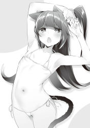 Rule 34 | 1girl, animal ears, armpits, bikini, blush, cat ears, cat tail, cowboy shot, dot nose, fang, female focus, flat chest, greyscale, hands up, highres, hizuki akira, leaning to the side, looking at viewer, micro bikini, monochrome, navel, one side up, open mouth, original, side-tie bikini bottom, solo, standing, stretching, swimsuit, tail