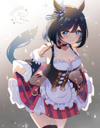 Rule 34 | 1girl, animal ears, artist name, belt, black hair, blue eyes, blush, breasts, brown belt, choker, cleavage, closed mouth, cocoloco, cowboy shot, dated, detached sleeves, dirndl, eishin flash (umamusume), frilled sleeves, frills, german clothes, horse ears, horse girl, horse tail, medium breasts, red choker, short hair, skirt, smile, solo, striped clothes, striped skirt, tail, twitter username, umamusume, vertical-striped clothes, vertical-striped skirt