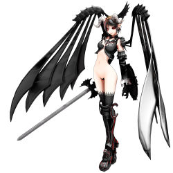Rule 34 | 1girl, cross, deino (deino3330), demon horns, full body, highres, horns, navel, no panties, original, revealing clothes, solo, sword, thighhighs, vocaloid, weapon, white background, wings