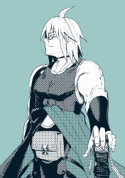 Rule 34 | 1boy, adapted costume, ahoge, ai momo26, alternate costume, armband, artist request, bad id, bad pixiv id, blue theme, choker, gauntlets, glasses, highres, looking away, male focus, manly, mannosuke, monochrome, morichika rinnosuke, muscular, simple background, solo, sword, tank top, touhou, weapon, white hair