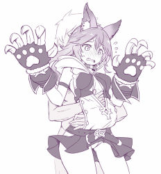 Rule 34 | 10s, 1boy, 1girl, animal ears, blush, breasts, claw (weapon), claws, collar, erune, fang, granblue fantasy, hair between eyes, long hair, monochrome, open mouth, sen (granblue fantasy), simple background, sketch, skirt, solo focus, weapon, white background, zaxwu