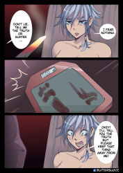 Rule 34 | 1girl, 3koma, artist name, breasts, butter sugoi, cleavage, comic, constricted pupils, english text, footprints, glowing, glowing sword, glowing weapon, green eyes, grey hair, hair tie, highres, large breasts, nude, open mouth, original, smoke, sweat, torture, weapon, weighing scale, weight conscious