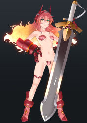Rule 34 | 1girl, absurdres, aqua eyes, armor, black background, blonde hair, closed mouth, dated, fake horns, fiery hair, fire, gem, glowing, gluteal fold, gradient background, hair between eyes, hand on own hip, headphones, highres, holding, holding sword, holding weapon, horns, huge weapon, kagetomo midori, lens flare, long hair, mechanical horns, multicolored eyes, multicolored hair, navel, orange eyes, original, pink gemstone, pink hair, pink lips, red footwear, signature, skindentation, smile, solo, standing, sword, thigh strap, vambraces, weapon, white hair