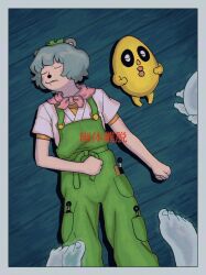 Rule 34 | 1boy, 1girl, animal ears, bandana, bandana around neck, blush stickers, border, clenched hands, closed eyes, commentary request, facing viewer, from above, green overalls, grey border, grey hair, hand on own stomach, highres, kunai, layered shirt, leaf, leaf on head, lying, mode aim, mukudori yodaka, on back, on floor, out of body, out of frame, peanuts-kun, pink bandana, ponpoko (vtuber), raccoon ears, raccoon girl, shirt, short hair, short sleeves, sleeping, song name, spirit, translation request, translucent, virtual youtuber, weapon, white shirt, wooden floor, yellow shirt