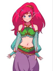 Rule 34 | 1girl, arabian clothes, armlet, bandeau, bare shoulders, blue eyes, blue sleeves, blush, breasts, circlet, commentary, cowboy shot, detached sleeves, dot nose, earrings, elf, english commentary, frilled bandeau, gerudo set (zelda), green bandeau, halterneck, harem pants, high ponytail, highres, jewelry, link (shounen captain), long sleeves, looking at viewer, medium breasts, medium hair, midriff, navel, nintendo, nonoworks, official alternate costume, pants, parted bangs, pink hair, pointy ears, polka dot sleeves, purple pants, sidelocks, simple background, smile, solo, standing, the legend of zelda, the legend of zelda: breath of the wild, the legend of zelda (nes), watermark, white background, wide ponytail